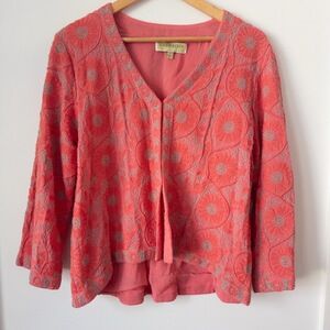 Sigrid Olsen Coral‎ Pink Embroidered Floral Jacket Womens L Boho Art to Wear